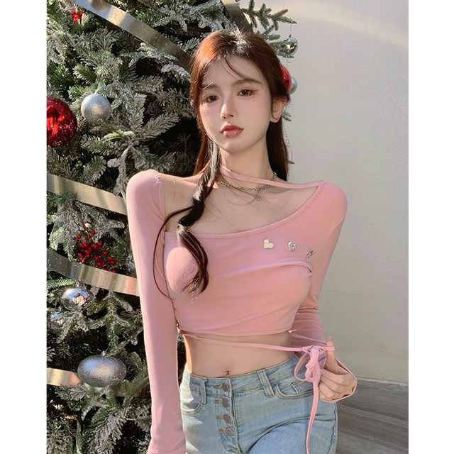 Early autumn pure desire sweet hot girl pink tie long-sleeved T-shirt women's front shoulder sexy irregular waistless chic small top