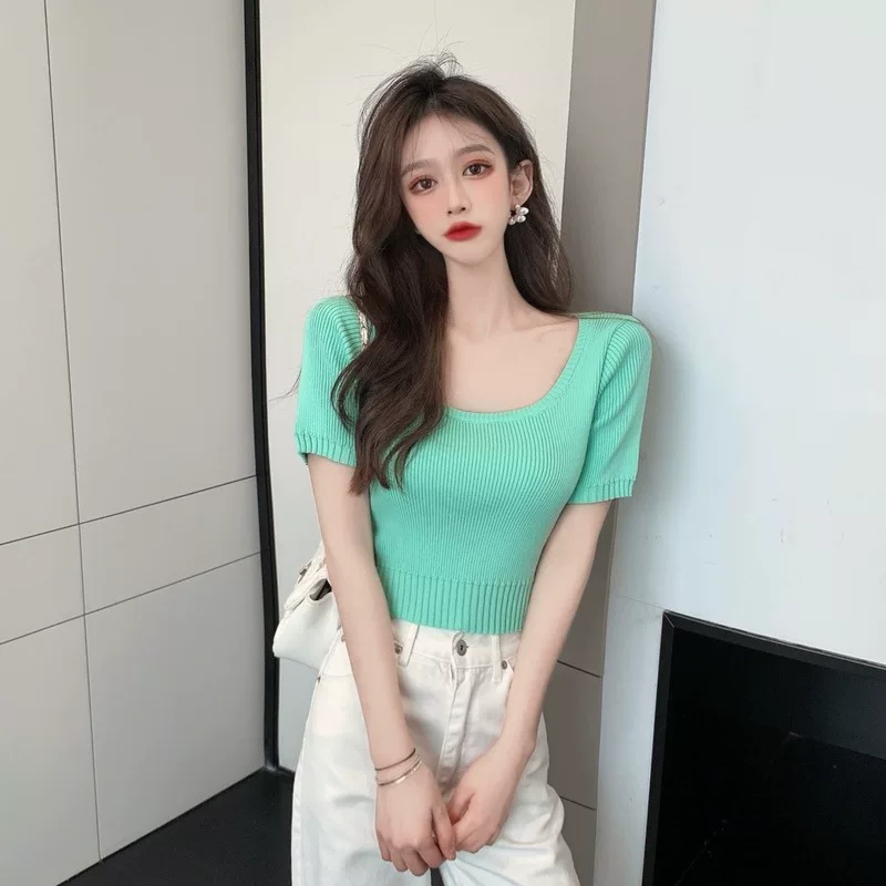 Прилив, летняя дизайнерская одежда, knitted short sleeve T-shirt, коллекция 2021 года, тренд сезона, квадратная горловина, высокая талия, с коротким рукавом