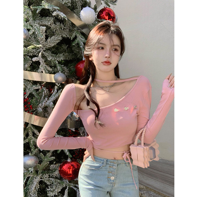 Early autumn pure desire sweet hot girl pink tie long-sleeved T-shirt women's front shoulder sexy irregular waistless chic small top