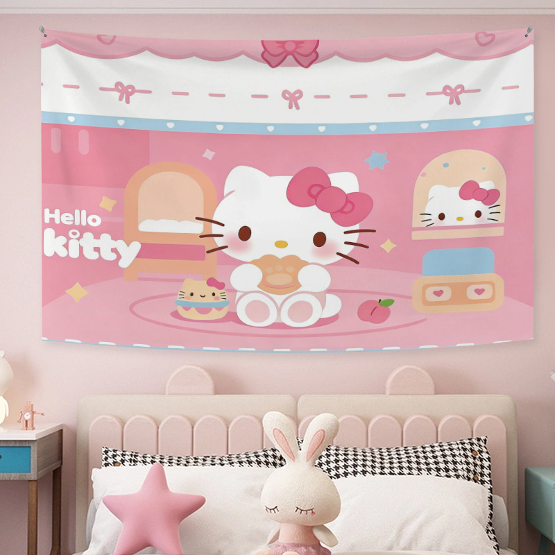 Cute Girly Hello Kitty Good Night Background Cloth for Student Bedroom Dormitory Pink Wall Hanging Cloth
