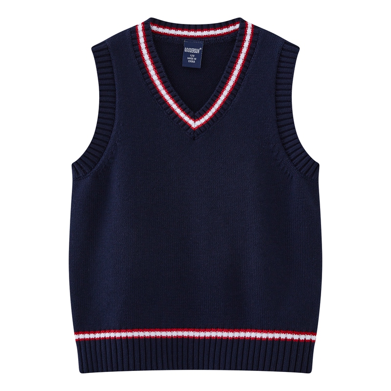Children's Clothing in Preppy Style, Navy Blue V-Neck Knitted Vest, Boys and Girls Spring and Autumn Red and White Striped Sleeveless Sweater Vest