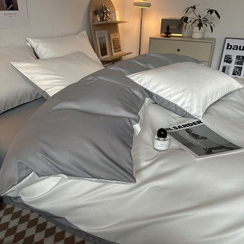 Nude Cotton Summer Light Luxury Washed Ice Silk Four-Piece Set, Simple Solid Color Silk Duvet Cover for Student Dormitory