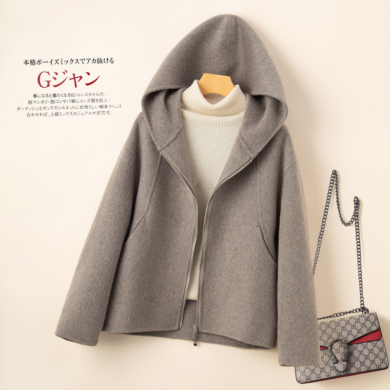 Hooded Double-Sided Woolen Coat for Women, Short Style, High-End, Petite, Zippered, Cashmere, Autumn and Winter, Wool, Korean Style Woolen Jacket