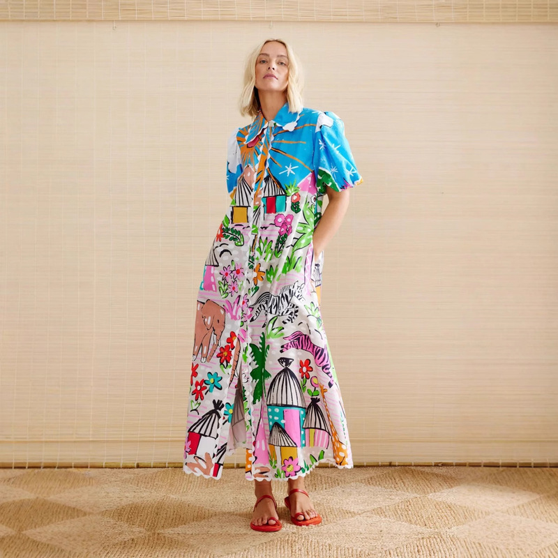 2024 New European and American Cross-Border Amazon Independent Site Linen Personalized Printed Shirt Collar Cardigan Dress