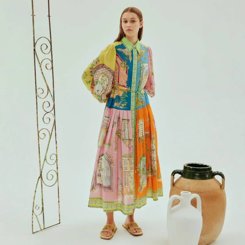 Vintage Print Belted Dress Australian Niche Waist-Cinching Holiday Style Printed Long Dress