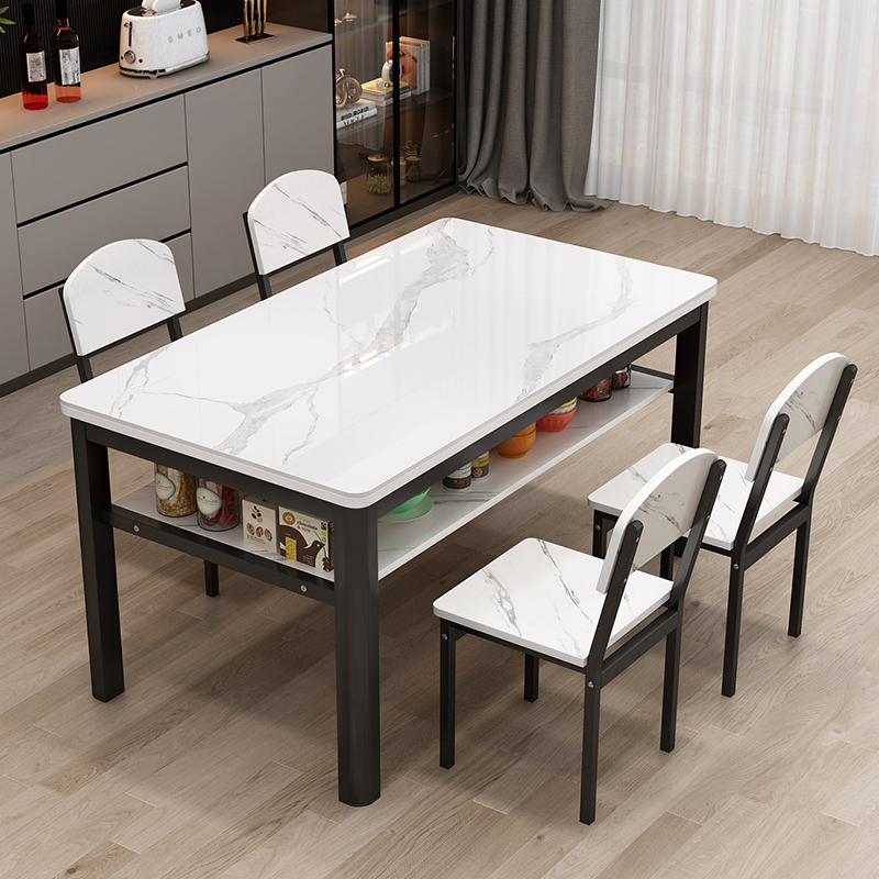 Tempered Glass Double-Layer Dining Table and Chair Combination Rectangular Table Simple Modern 4-Person 6-Person Stone Pattern Glass Table Dining Table