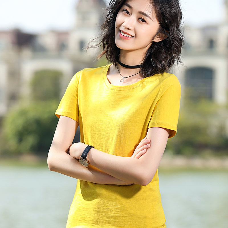Turmeric Slub CottonShort sleeve T-shirt female easy pure cotton jacket summer wear Half sleeve white T 桖 Women's wear 2021 new pattern tide Solid color Slubby cotton