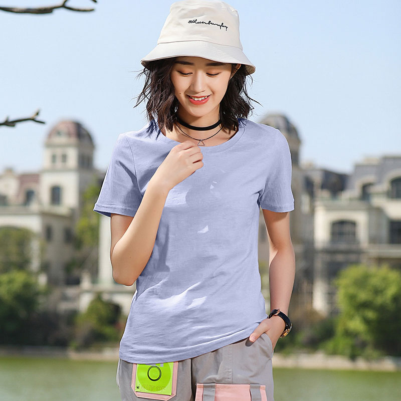Grey Blue Slub CottonShort sleeve T-shirt female easy pure cotton jacket summer wear Half sleeve white T 桖 Women's wear 2021 new pattern tide Solid color Slubby cotton