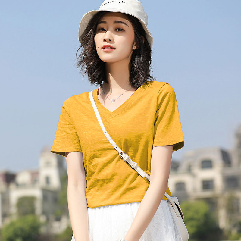 Turmeric V-neck / CottonShort sleeve T-shirt female easy pure cotton jacket summer wear Half sleeve white T 桖 Women's wear 2021 new pattern tide Solid color Slubby cotton