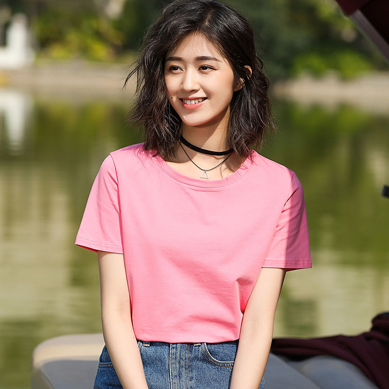 Peach Blossom Powder / CottonShort sleeve T-shirt female easy pure cotton jacket summer wear Half sleeve white T 桖 Women's wear 2021 new pattern tide Solid color Slubby cotton