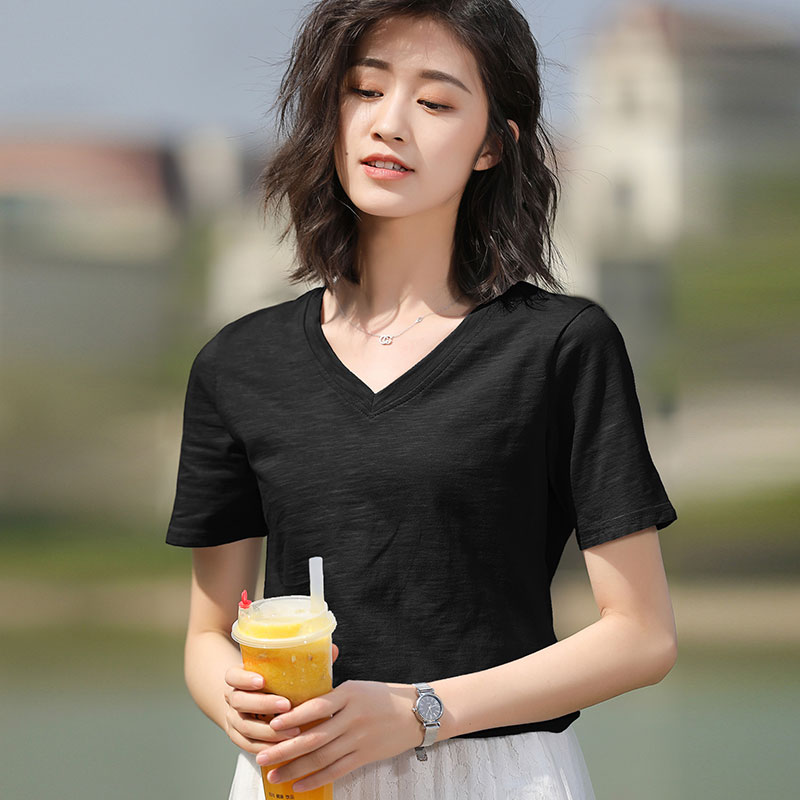 Black Slub Cotton VShort sleeve T-shirt female easy pure cotton jacket summer wear Half sleeve white T 桖 Women's wear 2021 new pattern tide Solid color Slubby cotton