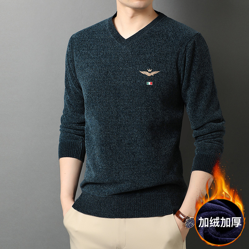 Chenille sweater men's chicken heart V-neck sweater autumn and winter trend sweater men's bottoming shirt plus velvet thick top