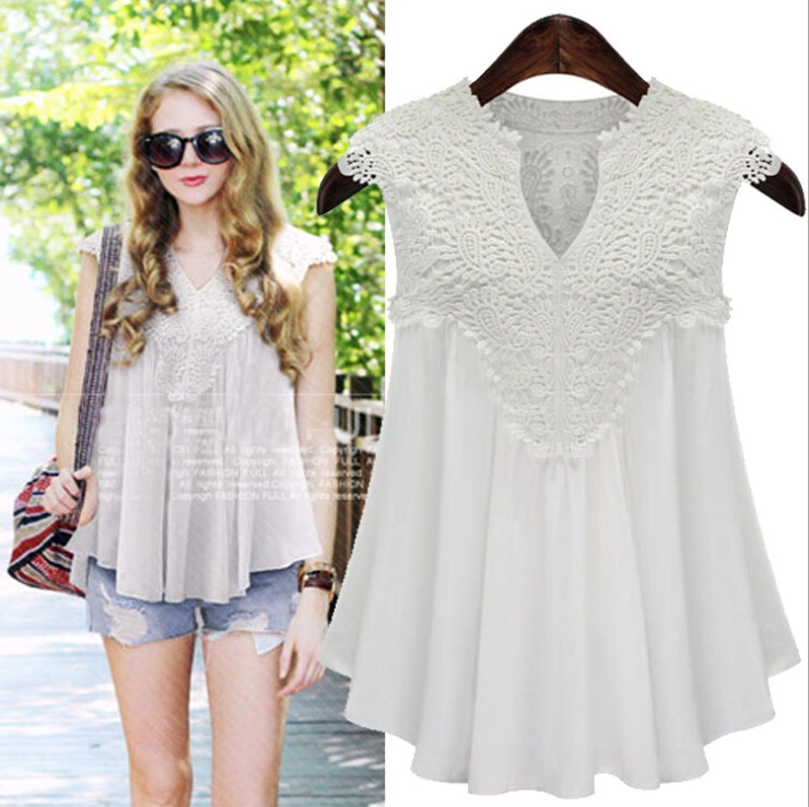 AliExpress Âu Mỹ phong cách mùa hè của phụ nữ áo sơ mi voan mới không tay cổ chữ V khâu ren xếp ly áo sơ mi voan - Áo sơ mi chiffon ren