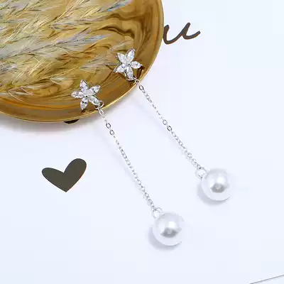 Korean flower snowflake zircon ear clip ear pin earring simple fashion versatile long version pearl earrings without ear hole female