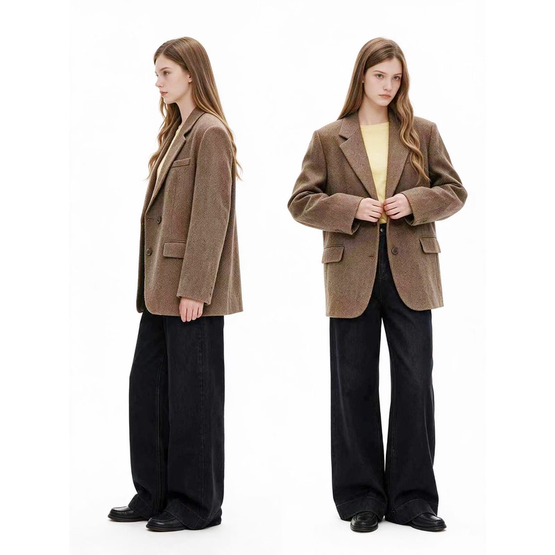 Bplusm 2026 Autumn Herringbone Wool Mid-Length Loose Vintage Casual Wool Blazer Bplusm 2026 Autumn Herringbone Wool Mid-Length Loose Vintage Casual Wool Blazer