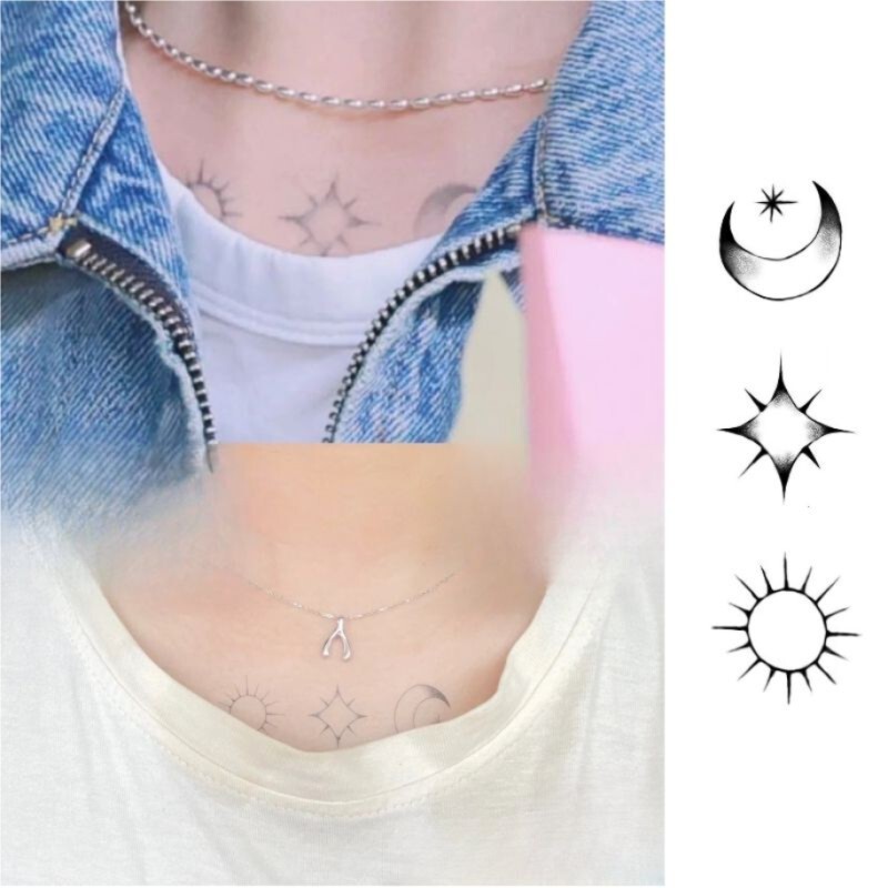 Korean Male Singer Seung-Hyun Kim's Same Style Tattoo Stickers, Herbal Juice Sun and Moon Gradient Chest Tattoo, Waterproof and Long-Lasting