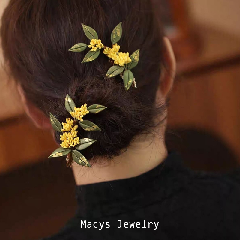 Autumn and Winter Osmanthus Flower Leaf Hairpin for Women, Small Size, New Chinese Style Side Clip Hairpin, Half-Tied Hair, Cheongsam Hair Accessory