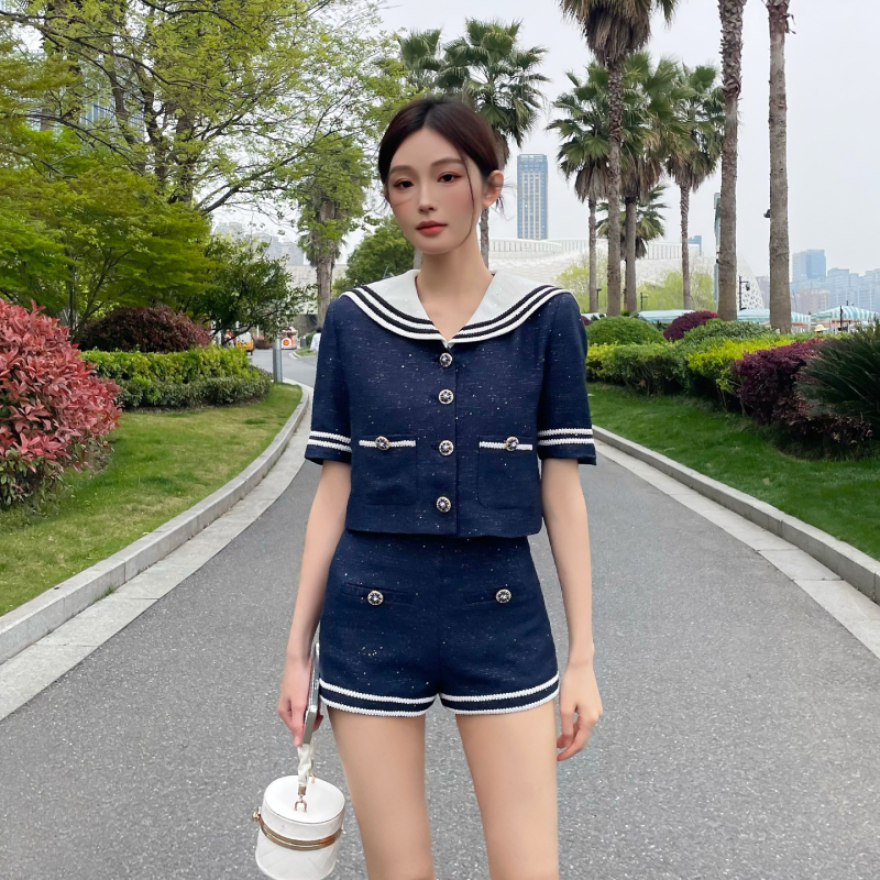 Navy Collar Color-Block Striped Short-Sleeve Suit for Women, Summer, Chanel-Style, Light Luxury, High-End Feel, Waist-Cinching, Elegant Shorts Two-Piece Set