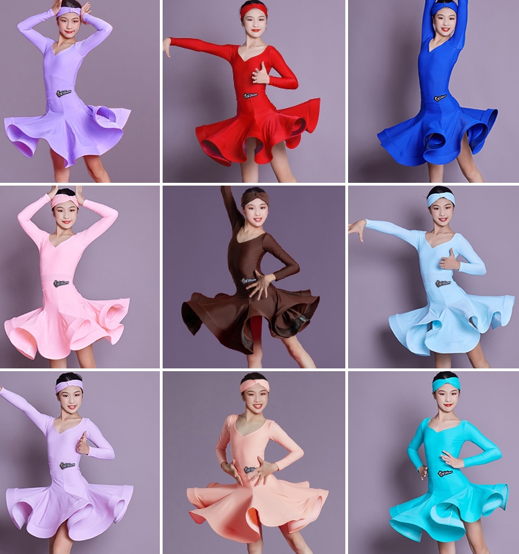 Young children Latin dance suit female children acting out of professional acting dress High end long sleeve competition provisions to serve big skirt hem