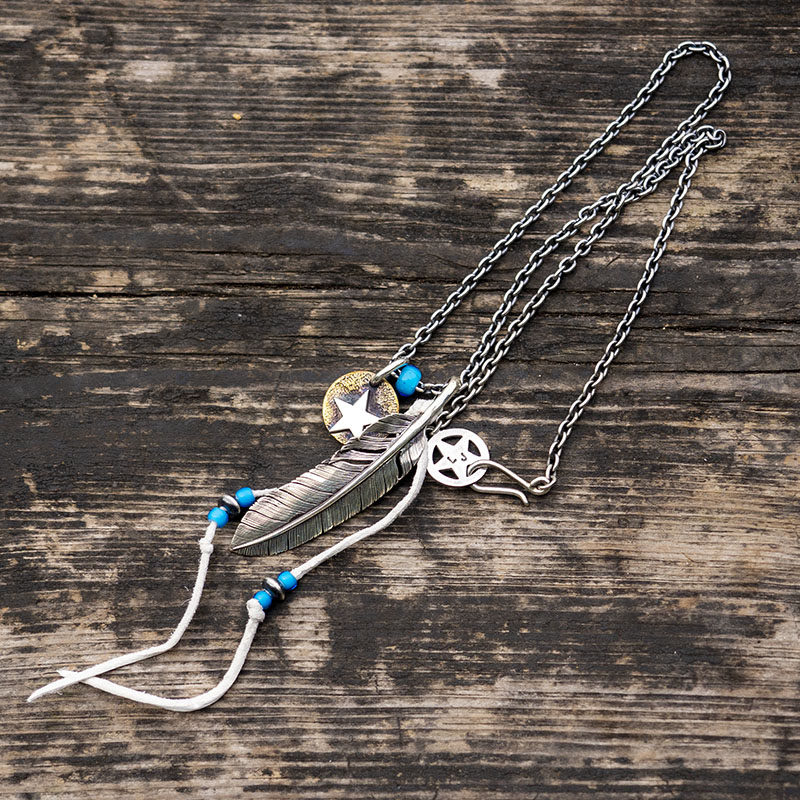 Lucky John Japanese Handmade Indian Feather Pendant Antique Glass Silver Bead Pentagram Flywheel Silver Chain