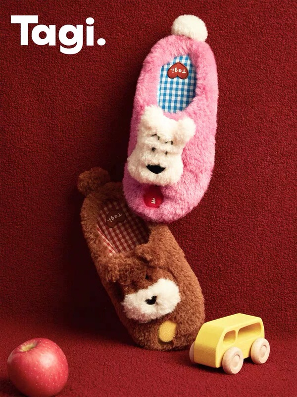 Tagi.《Haha & Popcorn》Cute Plush Slippers for Home Indoor Winter Warm Puppy Cotton Slippers