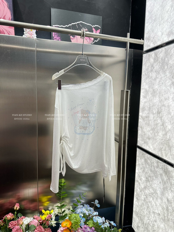 2026 Summer New Style Pure Desire Sweet Girl Bear Lace Trim Off-Shoulder Slightly See-Through T-Shirt Cover-Up Sunscreen Shirt
