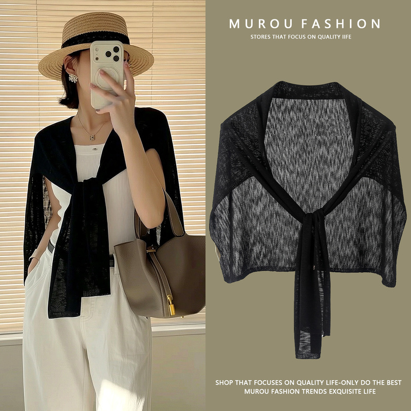 Korean-Style Loose T-Shaped Ice Silk Knitted Sun Protection Shawl for Women, Thin Summer Outerwear, Sheer Blouse for Air-Conditioned Rooms Korean-Style Loose T-Shaped Ice Silk Knitted Sun Protection Shawl for Women, Thin Summer Outerwear, Sheer Blouse for Air-Conditioned Rooms