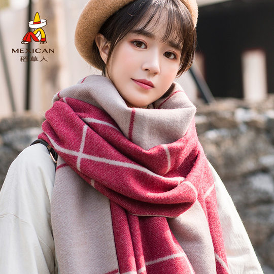 Scarecrow Scarf Women's 2025 New Korean Version Versatile Long Plaid Shawl Dual-Purpose Autumn and Winter Thickened Warm Scarf