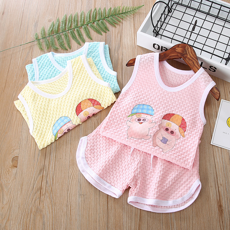 Children's vest suit Pure cotton summertime Boy girl among the children Baby sleeveless shorts Two sets of home conserved 3