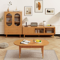 Long iridescent glass TV cabinet small family type tea table combined solid wood living room light and luxurious table containing lockers