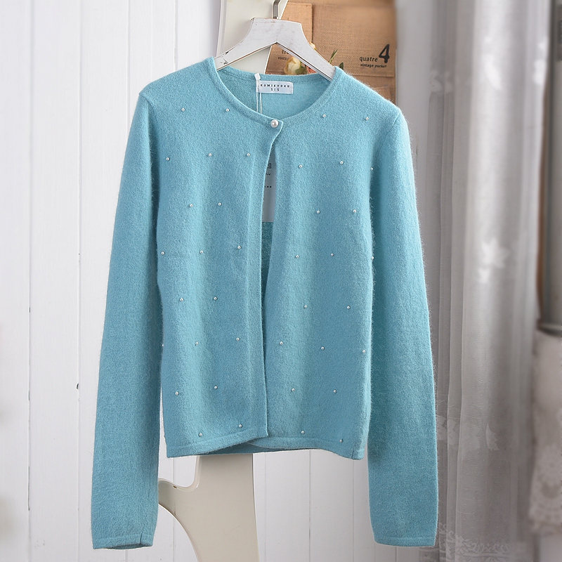 In-Stock Real Shot of Japanese Retro Style Angora Rabbit Fur Blue Thin Beaded Sweet Cardigan Sweater for Women In-Stock Real Shot of Japanese Retro Style Angora Rabbit Fur Blue Thin Beaded Sweet Cardigan Sweater for Women