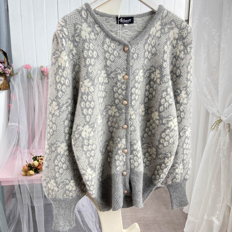 Japanese Retro Angora Rabbit Fur Gray Jacquard Sweet Ladylike Style Cardigan Sweater for Women