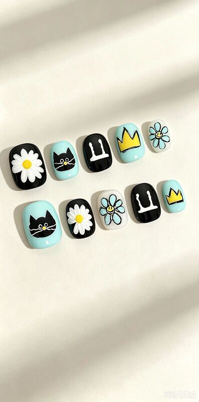 G-Dragon Gd Yellow Crown Daisy Nail Art Style Nails, Instagram Student Hand-Painted Removable Wearable Pure Handmade Short Style