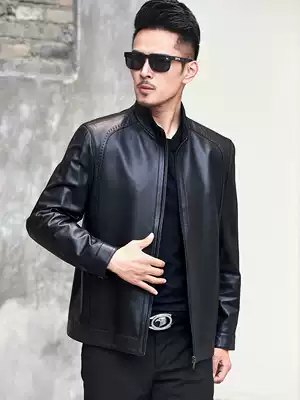 Autumn and winter leather men's Haining sheep jacket stand-up collar single short middle-aged and old cotton large size thin coat