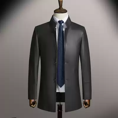 New Zealand imported leather men's leather long version slim stand collar windbreaker men's sheep jacket jacket