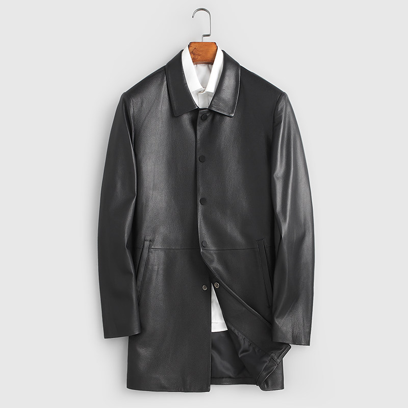 Imported sheep fur coat Male genuine leather medium long version leather jacket Haining leather windsuit for body and casual thin men's leather jacket