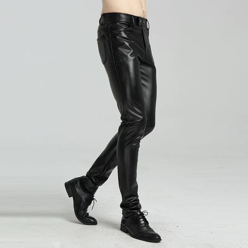 Мужские spring тонкие модные полиуретановые брюки, slim fit, корейский стиль, плотно сидящие