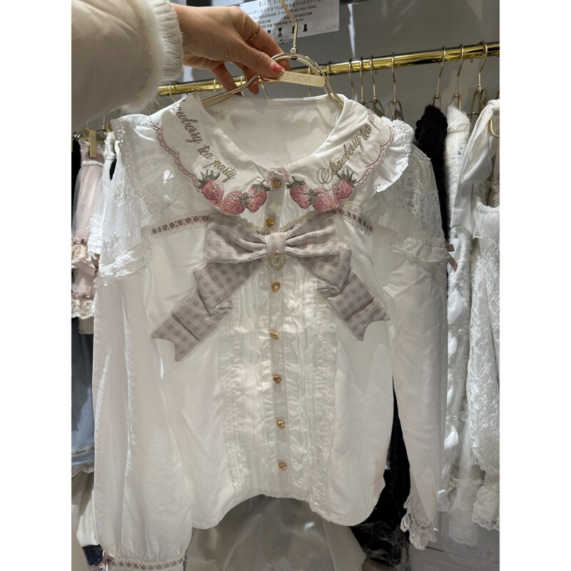 Japanese Style Liz Lisa Genuine Yd New Product Bow Strawberry Embroidered Shirt Top Strawberry Shirt Long Sleeve