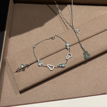 925 silver inlaid with blue water hyacinth and jade three-piece necklace, bracelet and ring set, new chinese style ice-through fulu jade z