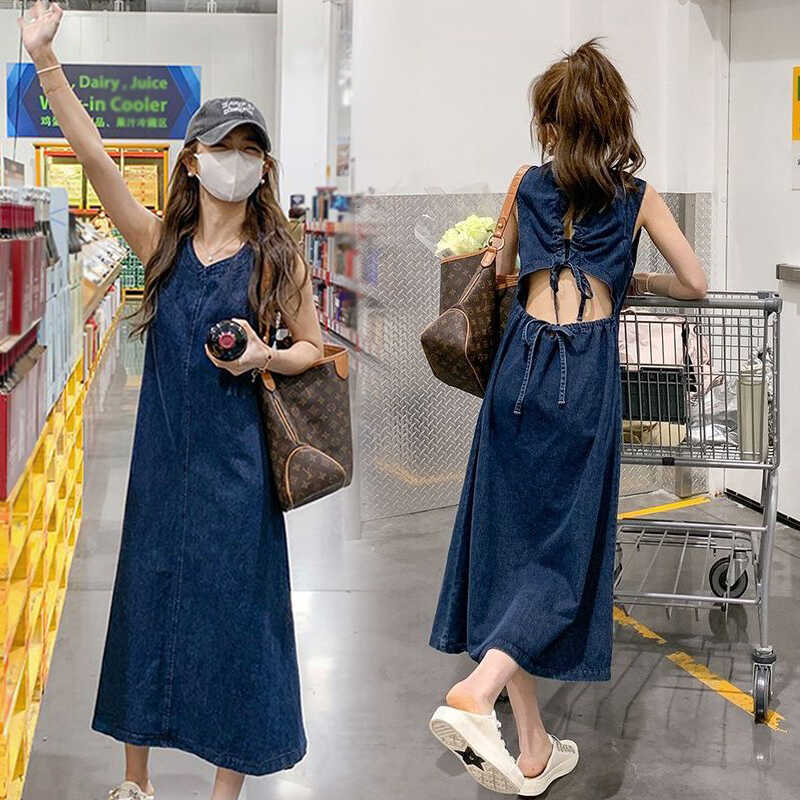 Denim Dress Blue Drawstring Backless Women's Summer 2025 New Style Hollow Design Waist Slimming Tank Dress Denim Dress Blue Drawstring Backless Women's Summer 2025 New Style Hollow Design Waist Slimming Tank Dress