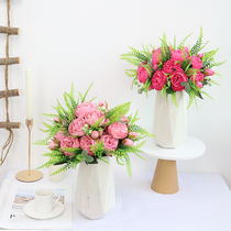Simulation peony flower ceramic set flower table living room flower arrangement home decoration fake flower silk flower dried flower
