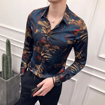 Flower shirt men Korean version of self-cultivation design sense trend printing handsome shirt mens satin silk slip inch shirt handsome casual casual