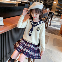 Girl Suit 2021 Autumn Dress New Children Academy Wind JK Uniform Jacket Dress Foreign Air Sweater Half Body Dress two sets