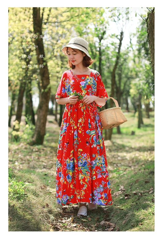 Hỗn loạn trong phong cách dân tộc cotton và vải lanh eo eo eo phụ nữ 2020 mùa hè mới của phụ nữ retro văn học giữa váy dài - Váy dài