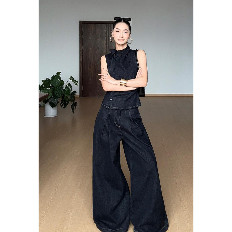 Sleeveless Stand-Up Collar Side-Buttoned Waist-Cinching Denim Vest Set with Wide-Leg Pants 2026 New Design Two-Piece Set