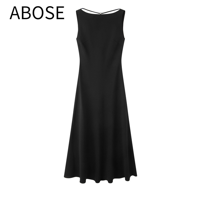 Ainosmosu 2026 Summer Slim-Fit Black Sleeveless Mid-Length Dress for Women 902138