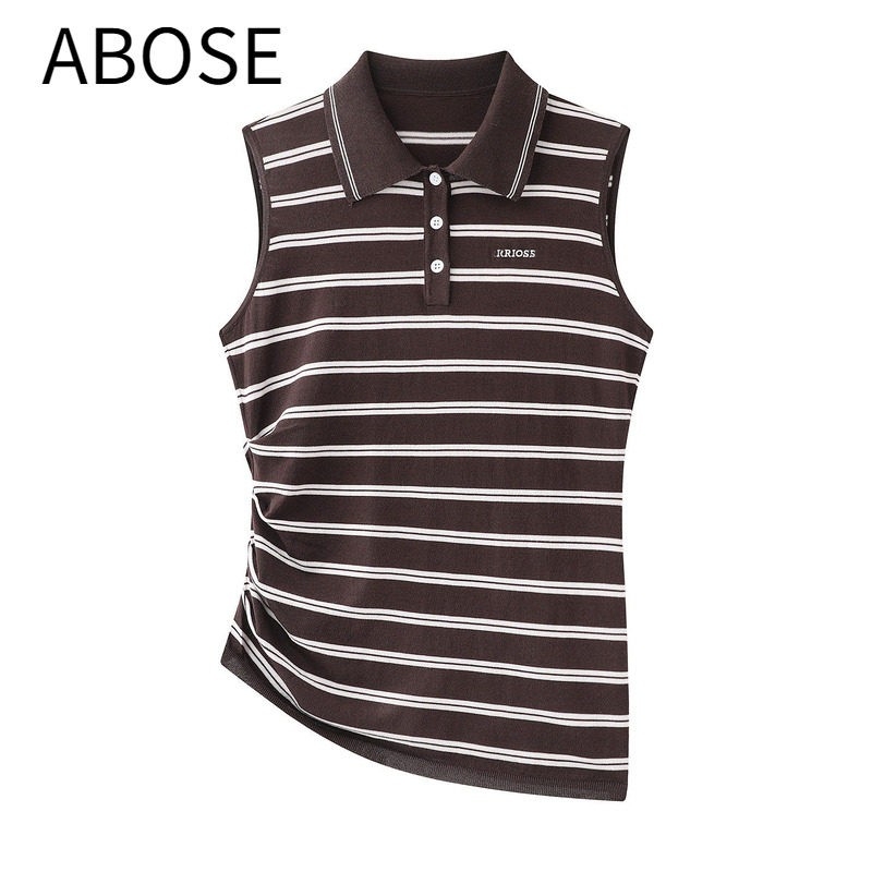 Ainuismosu 2026 Summer New Style Striped Polo Collar Sleeveless Knitwear Women's T-Shirt Top 802245