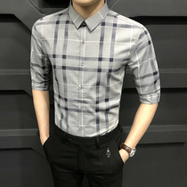 Top summer new plaid shirt mens short sleeves non-iron slim trend middle sleeve seven-point sleeve shirt Mens