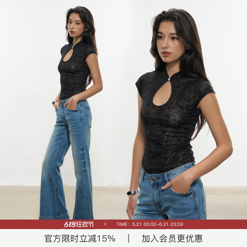 Cthemoon Two-Tone Tencel Button-Up Stand Collar New Chinese Style Slim-Fit T-Shirt Lace Jacquard Slim Short Top
