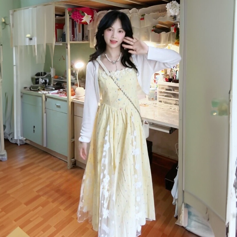 Summer Gentle College Style Lace Splicing Yellow Suspender Dress for Female Students Paired with a Knitted Sun Protection Shirt Two-Piece Set